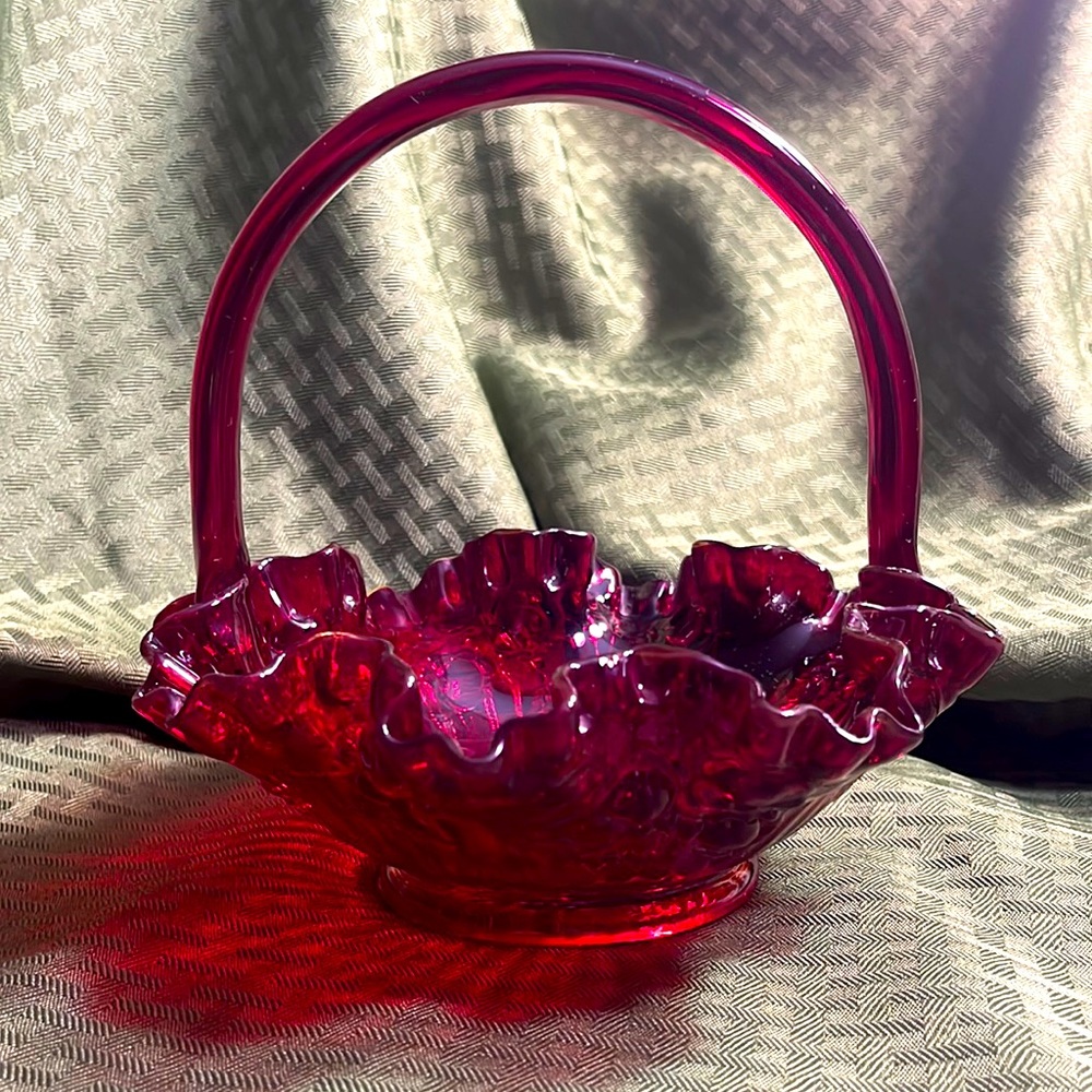 Vintage Cadmium Ruby red cherries glass basket. Perfect condition! Glows!!